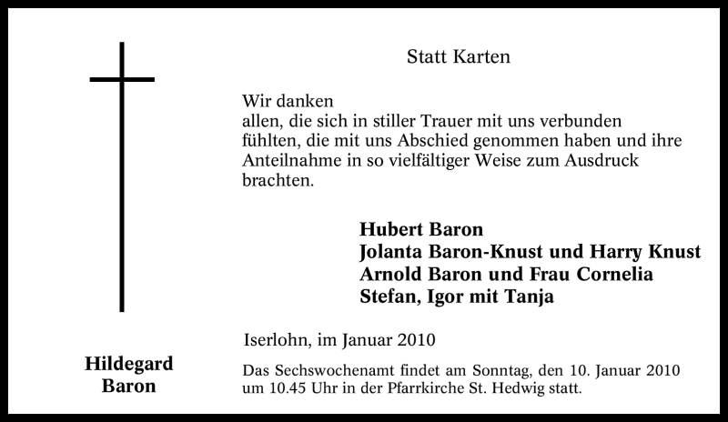 Traueranzeigen Von Hildegard Baron Trauer In NRW De