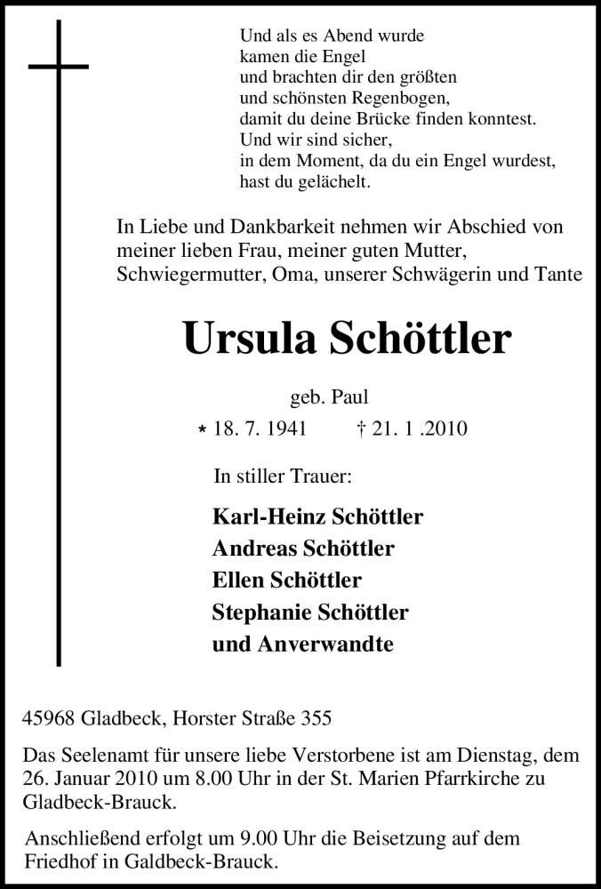 Traueranzeigen Von Ursula Sch Ttler Trauer In Nrw De