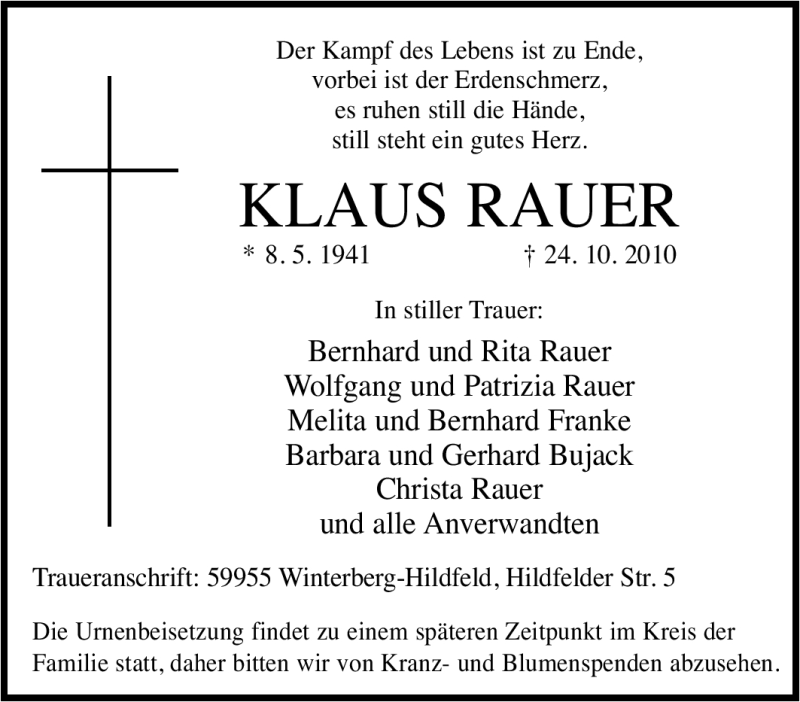 Traueranzeigen Von Klaus Rauer Trauer In Nrw De