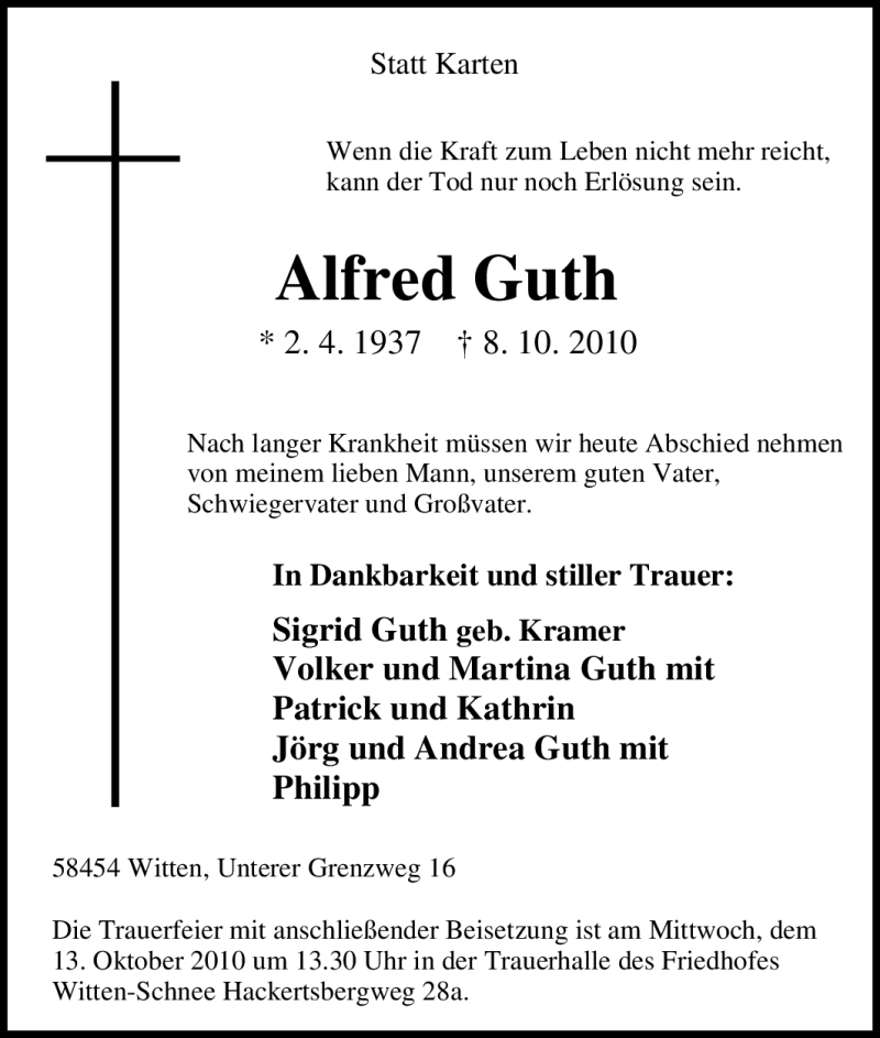 Traueranzeigen Von Alfred Guth Trauer In Nrw De