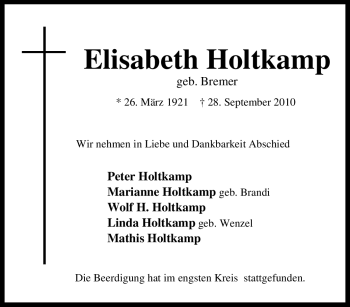 Traueranzeigen Von Elisabeth Holtkamp Trauer In Nrw De