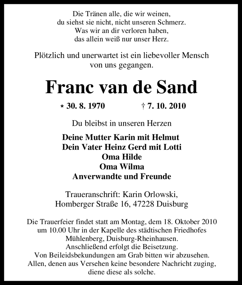 Traueranzeigen Von Franc Van De Sand Trauer In NRW De