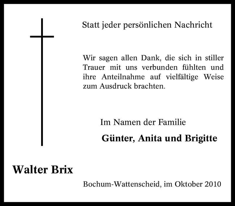 Traueranzeigen Von Walter Brix Trauer In Nrw De