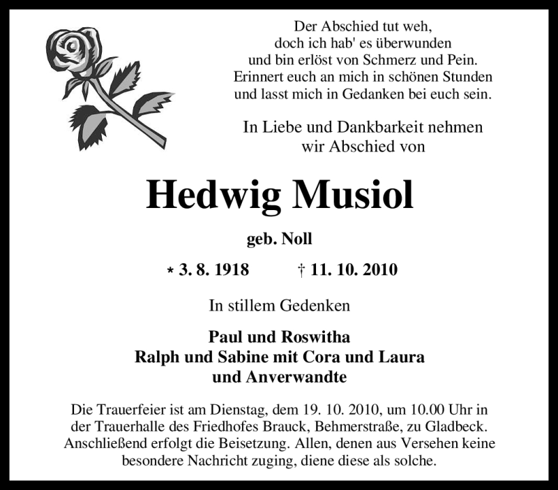 Traueranzeigen Von Hedwig Musiol Trauer In Nrw De