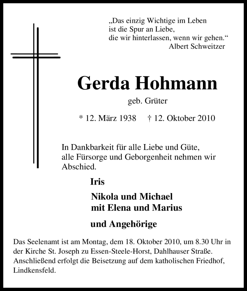 Traueranzeigen Von Gerda Hohmann Trauer In Nrw De