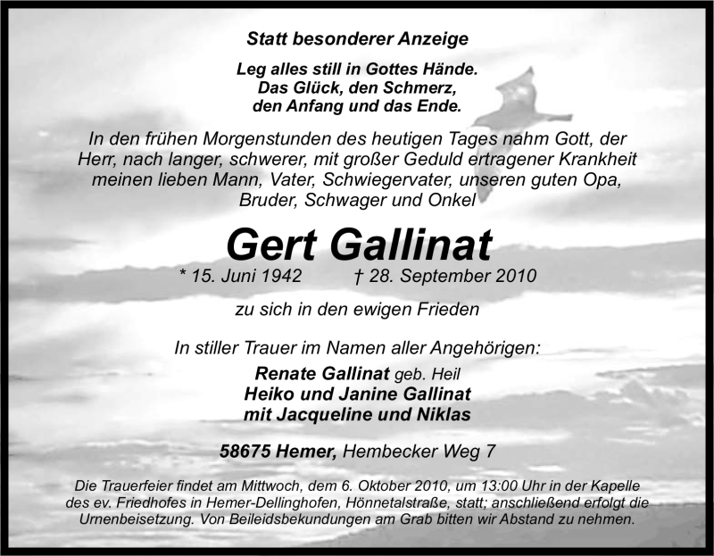 Traueranzeigen Von Gert Gallinat Trauer In NRW De