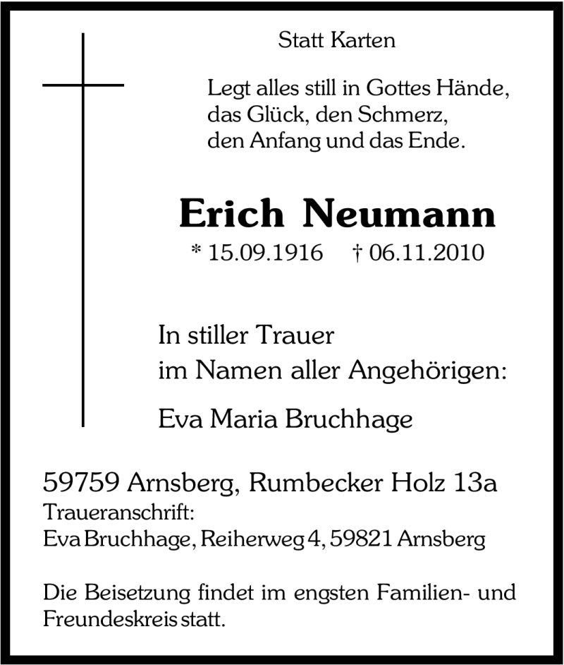 Traueranzeigen Von Erich Neumann Trauer In Nrw De