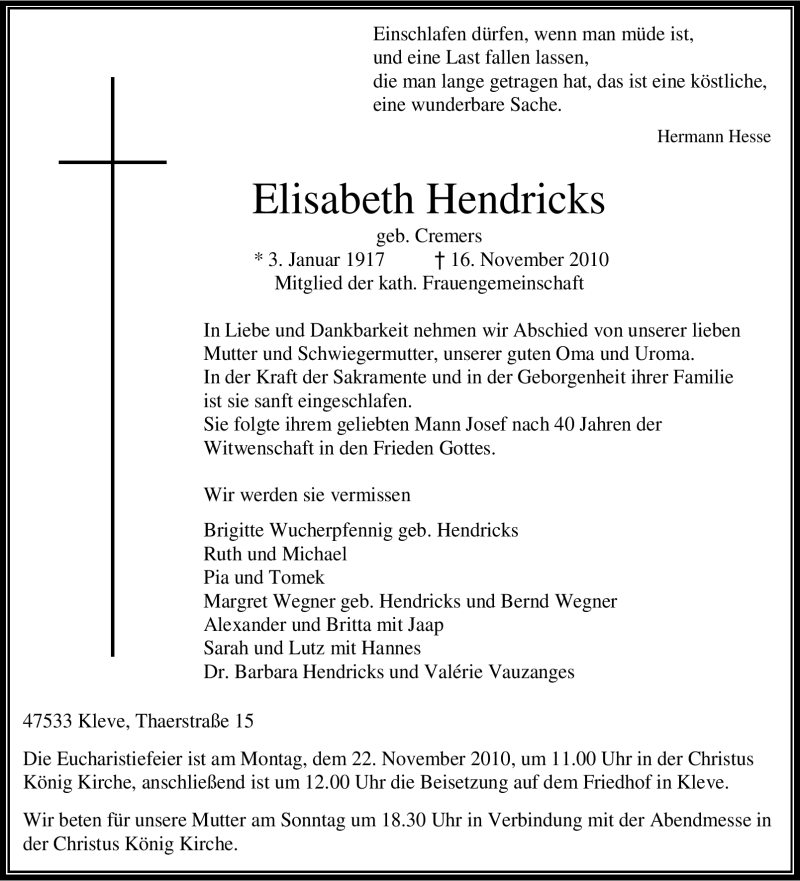 Traueranzeigen Von Elisabeth Hendricks Trauer In Nrw De