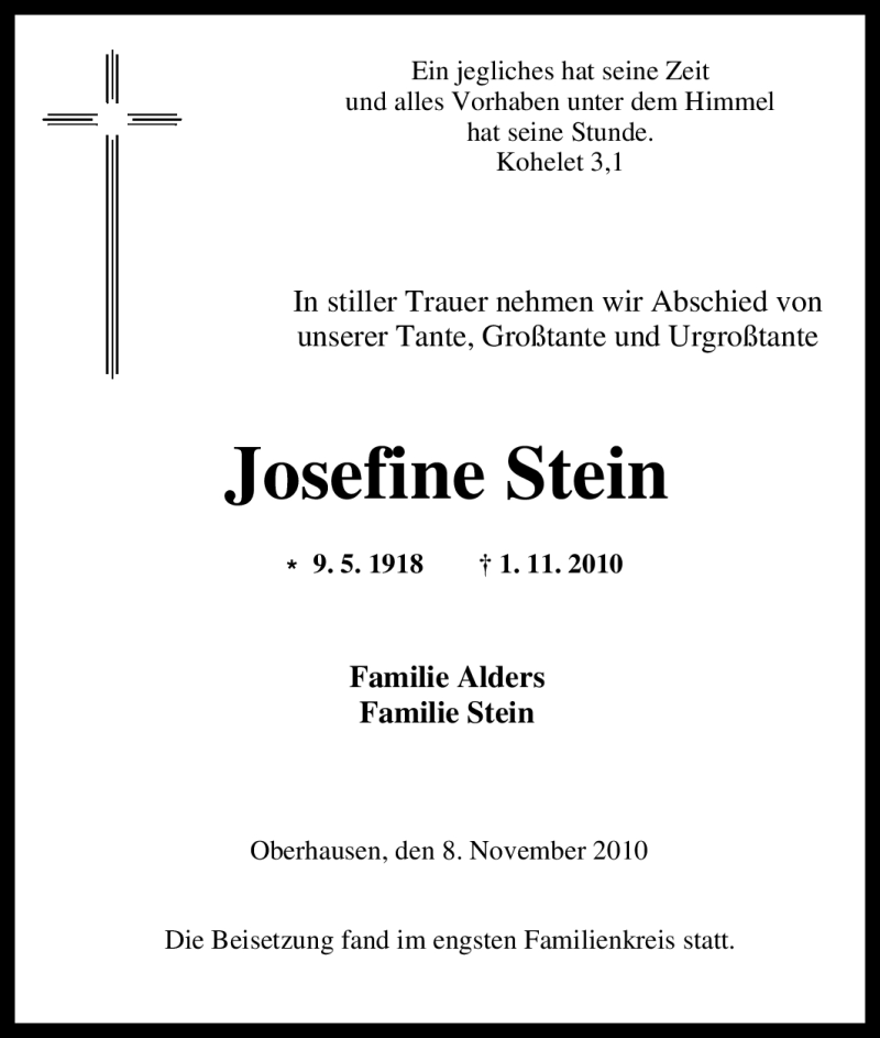 Traueranzeigen Von Josefine Stein Trauer In NRW De