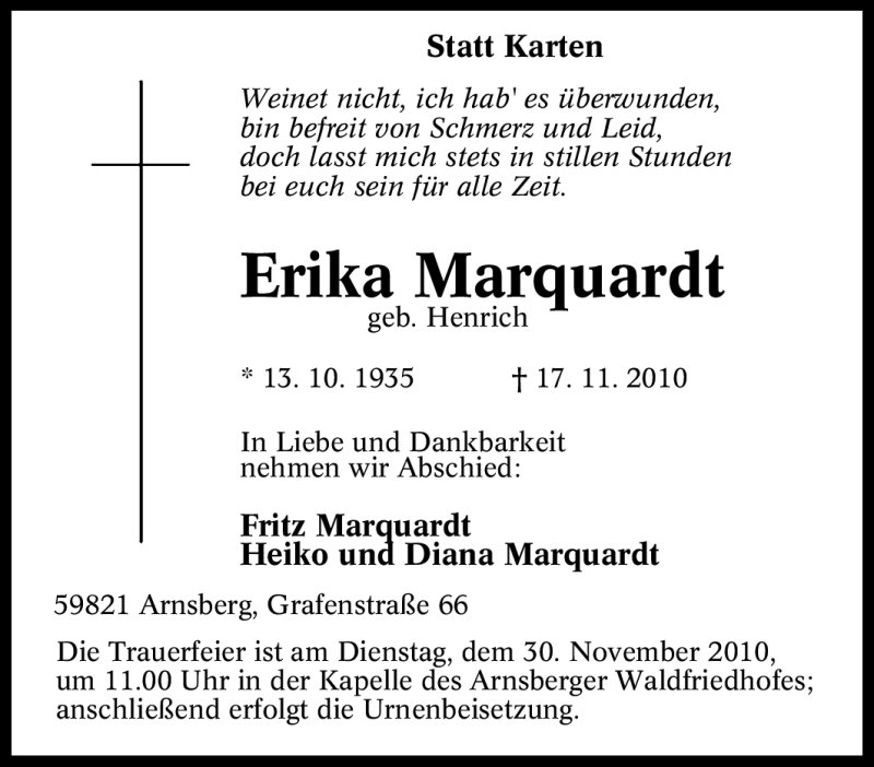 Traueranzeigen Von Erika Marquardt Trauer In Nrw De