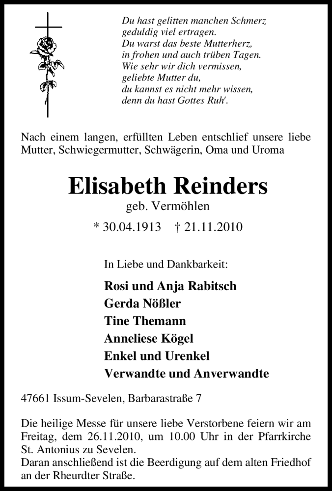 Traueranzeigen Von Elisabeth Reinders Trauer In Nrw De