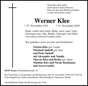 Traueranzeigen Von Werner Klee Trauer In Nrw De