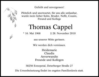 Traueranzeigen Von Thomas Cappel Trauer In Nrw De