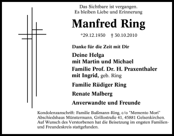 Traueranzeigen Von Manfred Ring Trauer In Nrw De