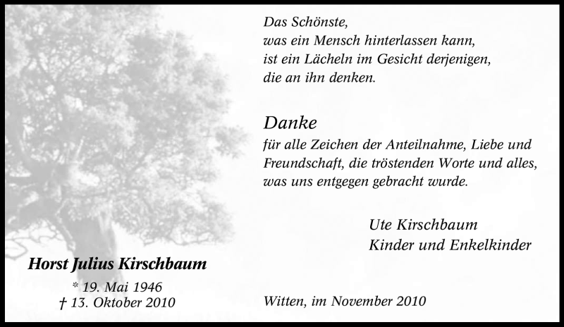 Traueranzeigen Von Horst Julius Kirschbaum Trauer In NRW De