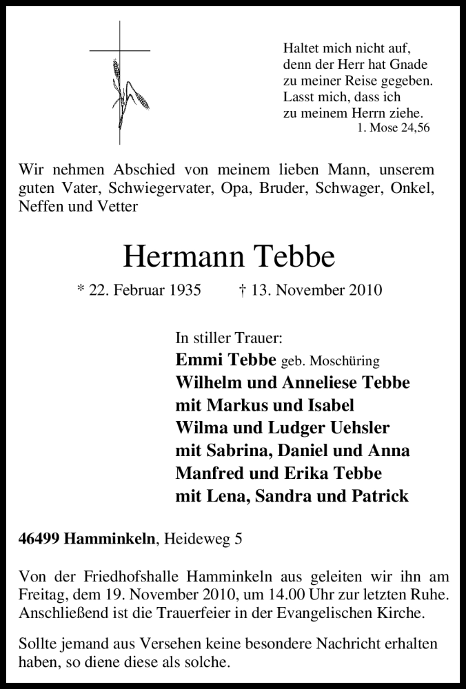 Traueranzeigen Von Hermann Tebbe Trauer In Nrw De