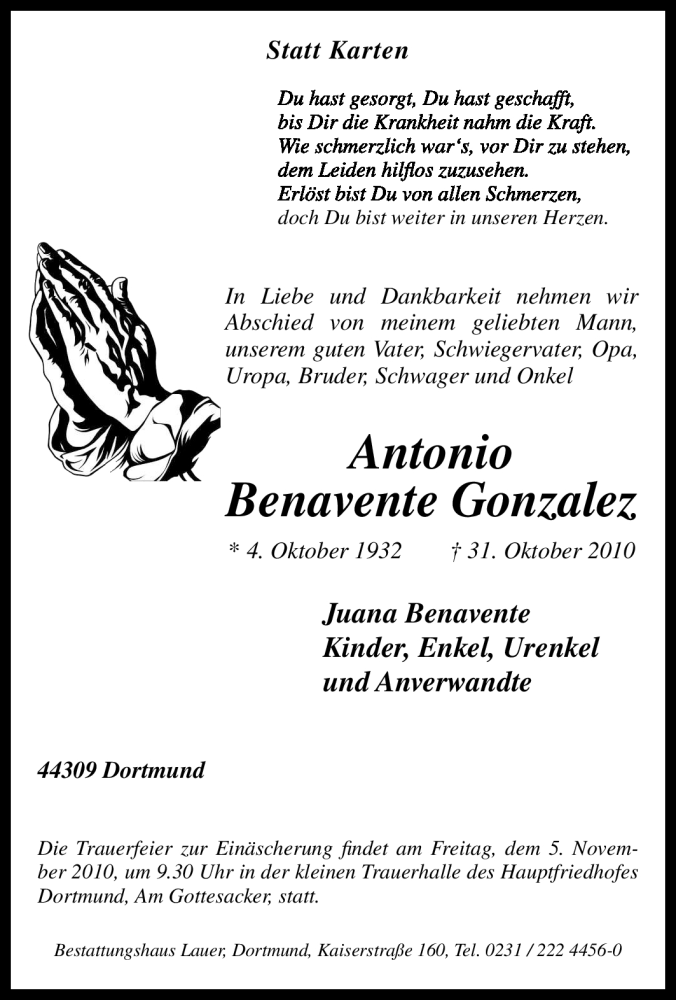 Traueranzeigen Von Antonio Benavente Gonzalez Trauer In NRW De