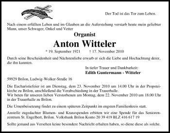 Traueranzeigen Von Anton Witteler Trauer In NRW De