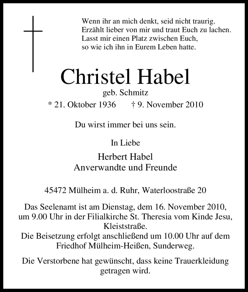 Traueranzeigen Von Christel Habel Trauer In NRW De