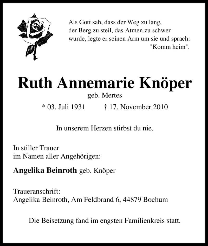 Traueranzeigen Von Ruth Annemarie Kn Per Trauer In Nrw De