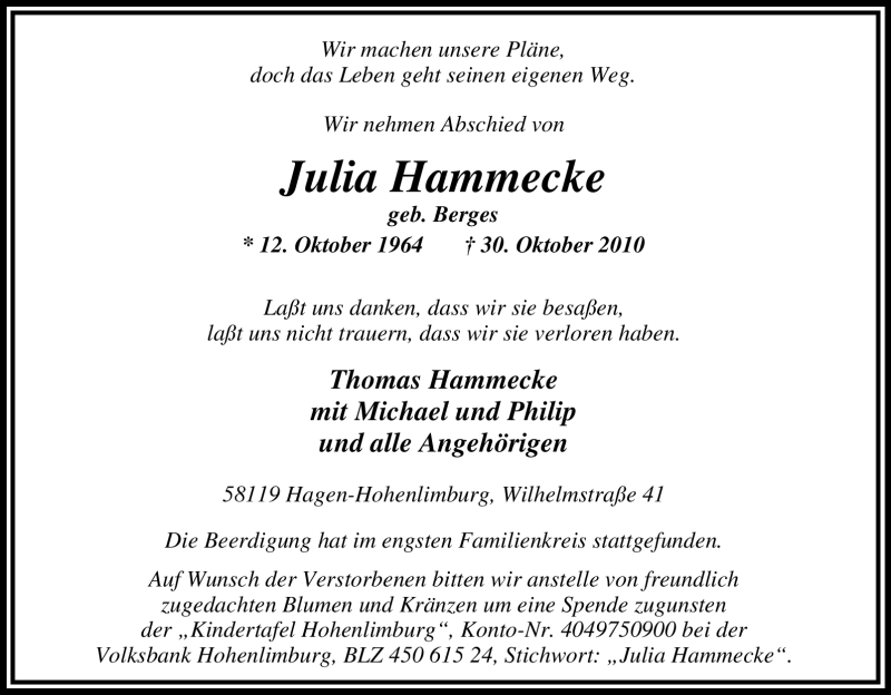 Traueranzeigen Von Julia Hammecke Trauer In Nrw De