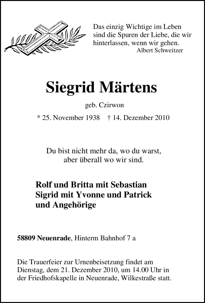 Traueranzeigen Von Siegrid M Rtens Trauer In Nrw De