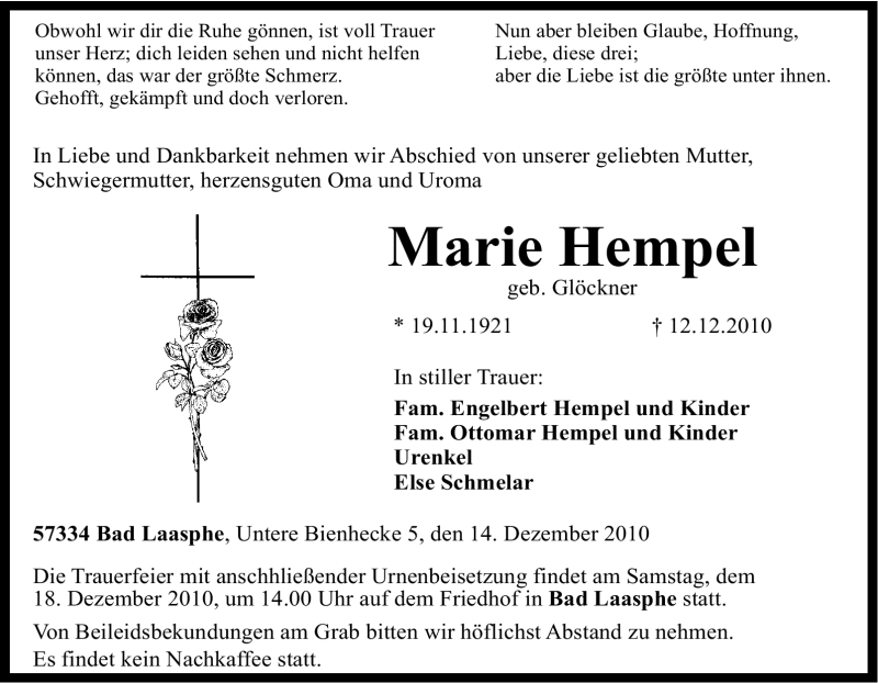 Traueranzeigen Von Marie Hempel Trauer In Nrw De