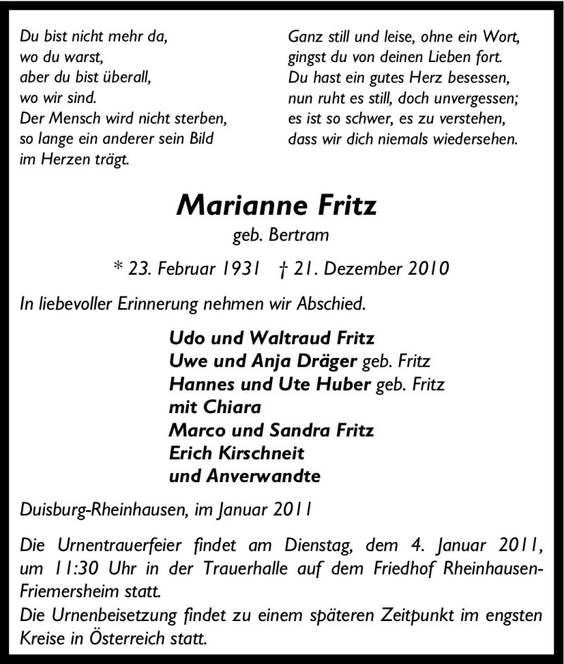 Traueranzeigen Von Marianne Fritz Trauer In Nrw De