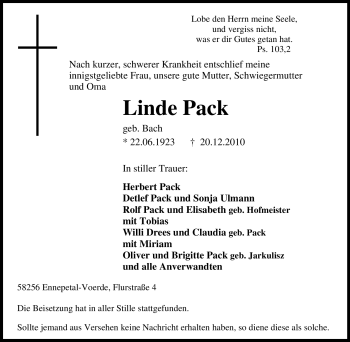 Traueranzeigen Von Linde Pack Trauer In NRW De