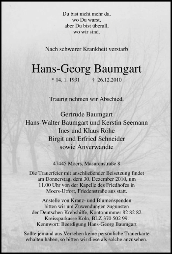 Traueranzeigen Von Hans Georg Baumgart Trauer In NRW De