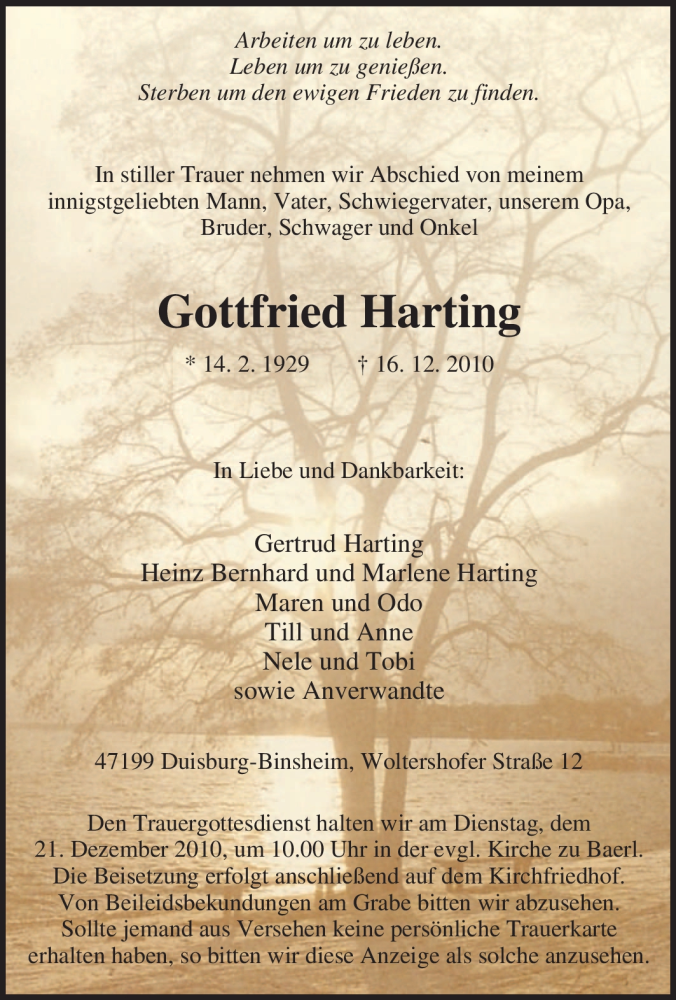 Traueranzeigen Von Gottfried Harting Trauer In Nrw De