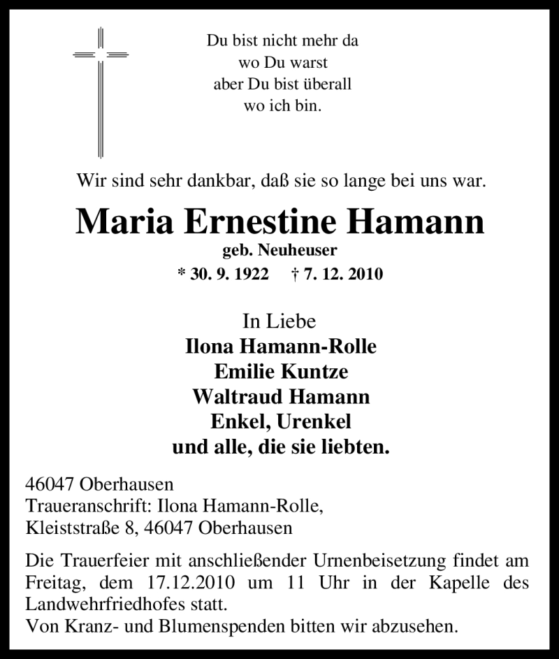 Traueranzeigen Von Maria Ernestine Hamann Trauer In NRW De