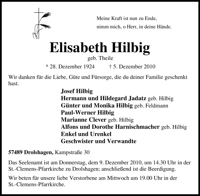 Traueranzeigen Von Elisabeth Hilbig Trauer In Nrw De