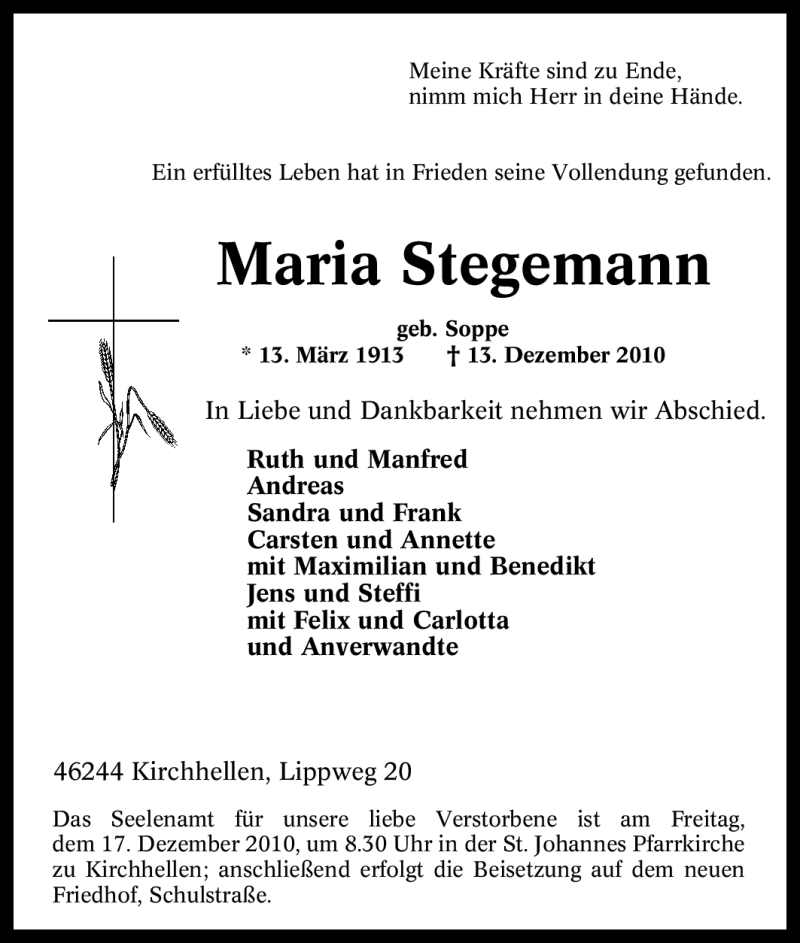 Traueranzeigen Von Maria Stegemann Trauer In NRW De