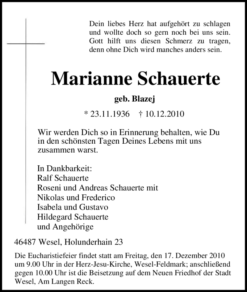 Traueranzeigen Von Marianne Schauerte Trauer In Nrw De