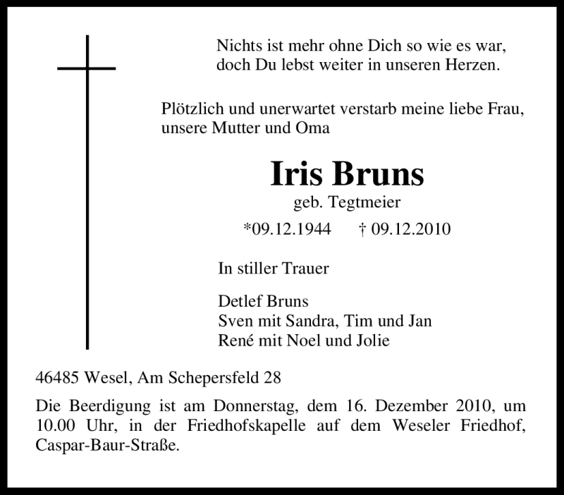 Traueranzeigen Von Iris Bruns Trauer In Nrw De