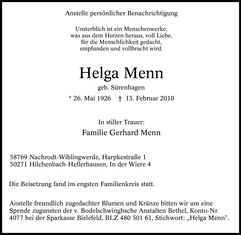 Traueranzeigen Von Helga Menn Trauer In Nrw De