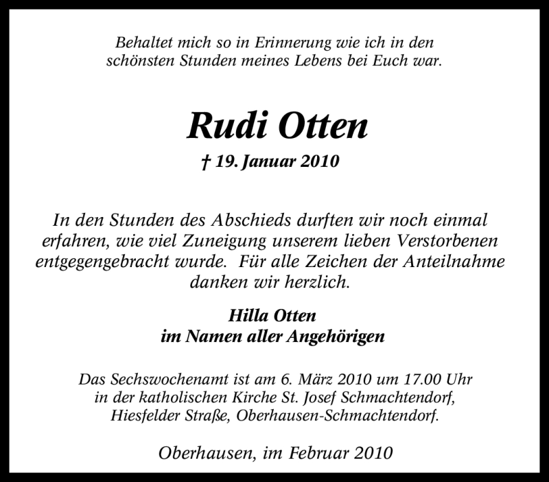 Traueranzeigen Von Rudi Otten Trauer In Nrw De