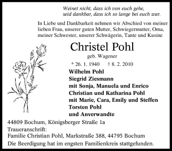 Traueranzeigen Von Christel Pohl Trauer In NRW De