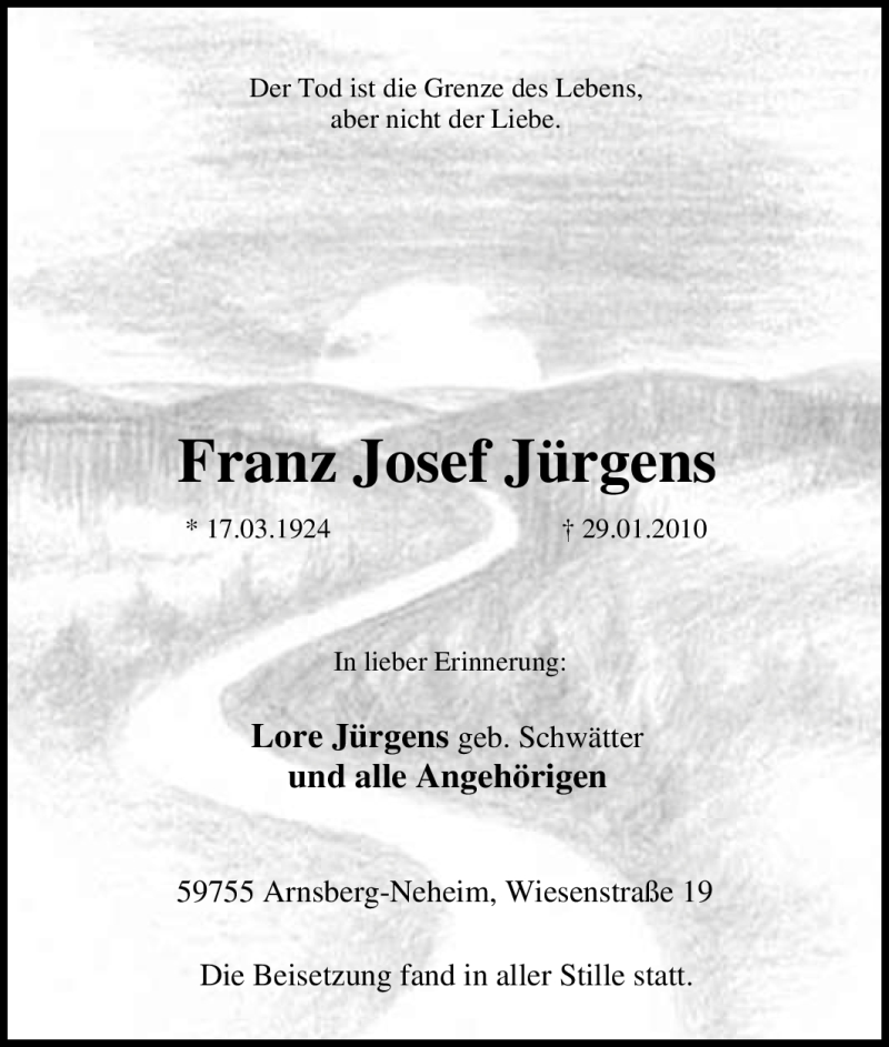 Traueranzeigen von Franz Josef Jürgens Trauer in NRW de