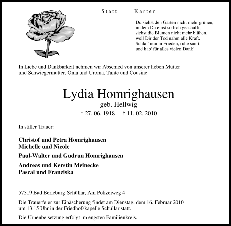 Traueranzeigen Von Lydia Homrighausen Trauer In Nrw De