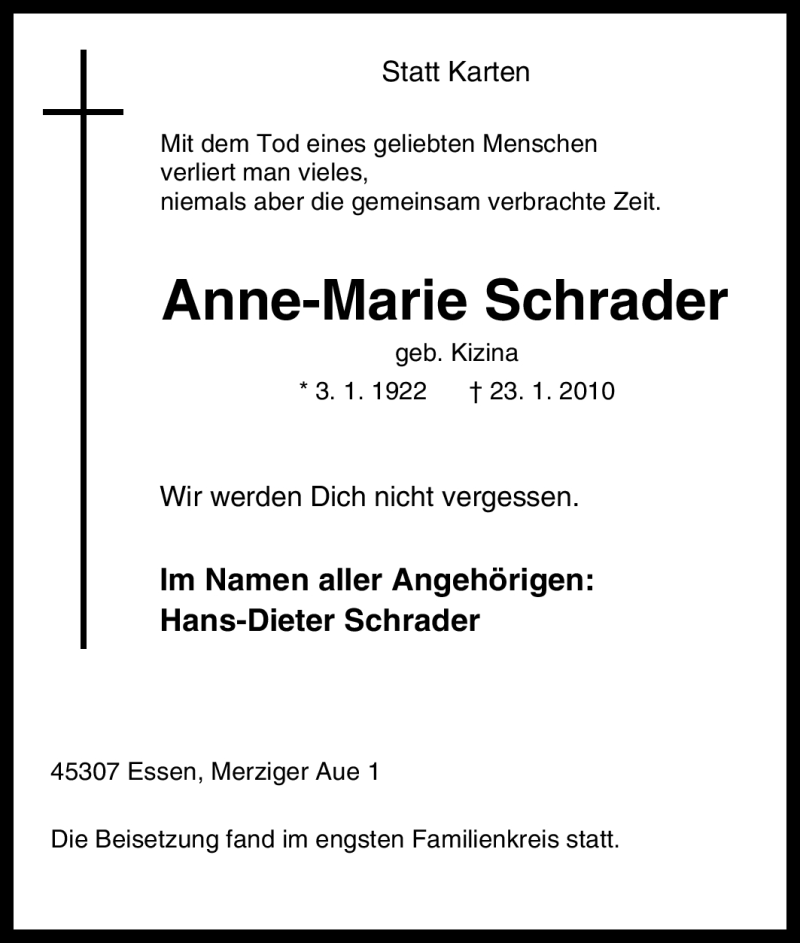 Traueranzeigen Von Anne Marie Schrader Trauer In NRW De