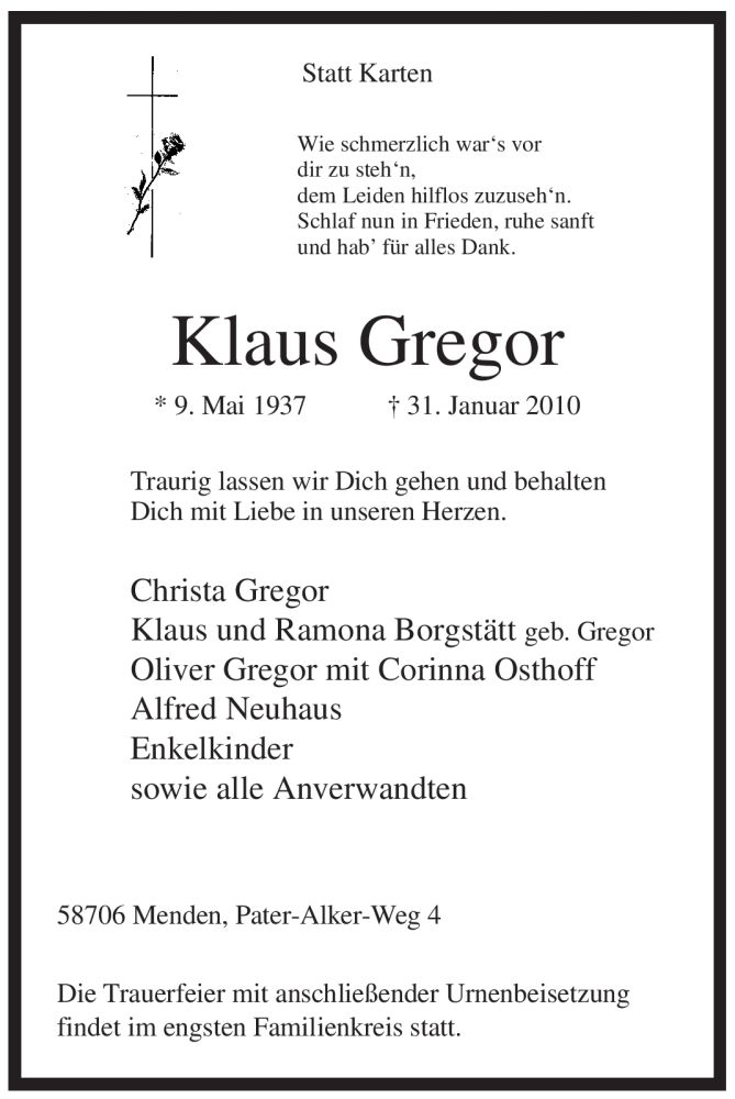 Traueranzeigen Von Klaus Gregor Trauer In Nrw De