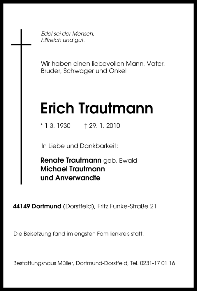 Traueranzeigen Von Erich Trautmann Trauer In NRW De