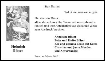 Traueranzeigen von Heinrich Bläser Trauer in NRW de