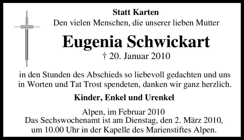 Traueranzeigen Von Eugenia Schwickart Trauer In Nrw De