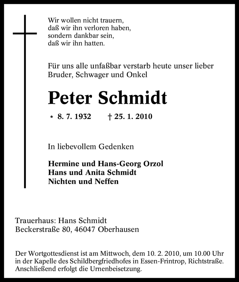 Traueranzeigen Von Peter Schmidt Trauer In Nrw De