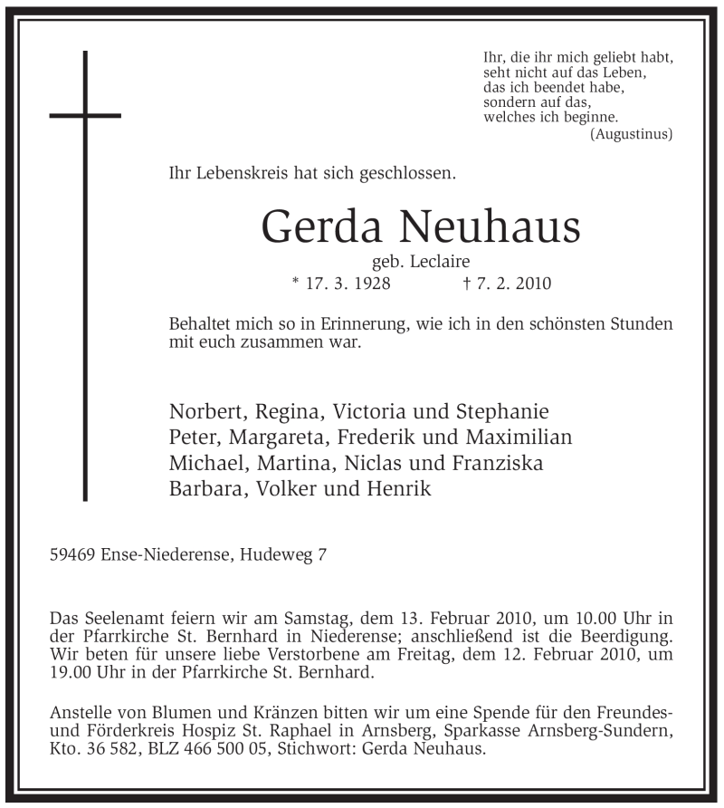 Traueranzeigen Von Gerda Neuhaus Trauer In Nrw De