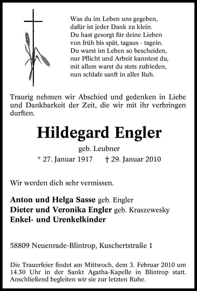 Traueranzeigen Von Hildegard Engler Trauer In NRW De