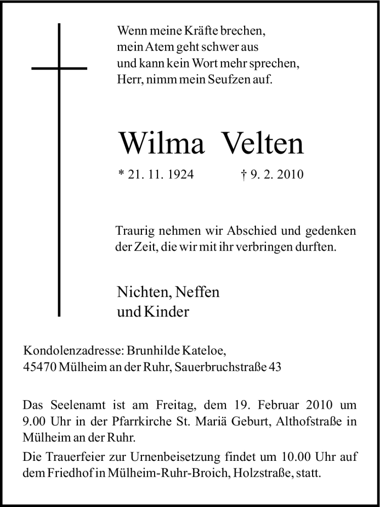 Traueranzeigen Von Wilma Velten Trauer In Nrw De